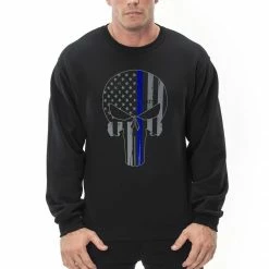 Bewild Police Thin Blue Line Skull American Flag - Support Police Department Adult Crewneck Say It Loud