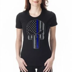 Bewild Police Thin Blue Line Skull American Flag - Support Police Department Ladies T-shirt Say It Loud