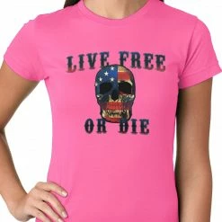Bewild Biker Style American Flag Skull - Live Free Or Die Ladies T-shirt