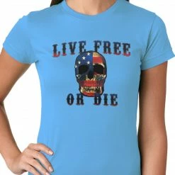 Bewild Biker Style American Flag Skull - Live Free Or Die Ladies T-shirt