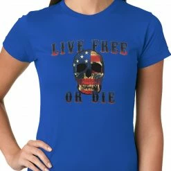 Bewild Biker Style American Flag Skull - Live Free Or Die Ladies T-shirt