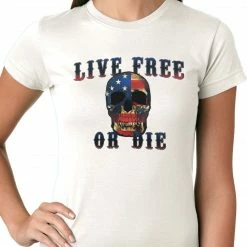 Bewild Biker Style American Flag Skull - Live Free Or Die Ladies T-shirt