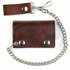 Bewild Antique Brown Leather Tri-Fold Wallet With 12 Inch Chain Wallets & Chains