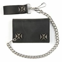 Bewild Wallets & Chains Black Leather Tri-Fold Wallet With Iron Cross Snaps And 12 Inch Chain