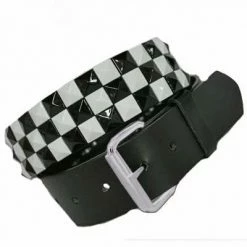 Bewild Black & White Checkerboard Pyramid Studded Leather Belt