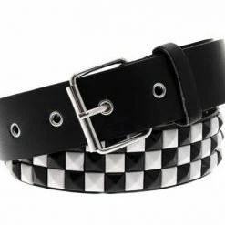 Bewild Black & White Checkerboard Pyramid Studded Leather Belt