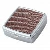 Bewild Brown Croc Pattern Iron Chrome Plated Square Shaped 2 Compartment Pill Box Pill Cases