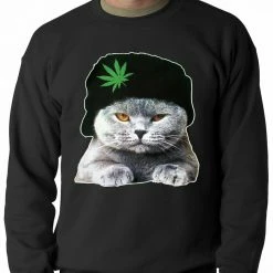 Bewild Cat Wearing Pot Leaf Hat Adult Crewneck