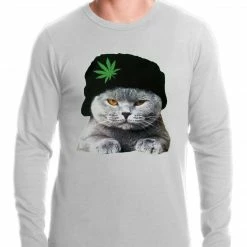 Bewild Cool Funny & Offensive Cat Wearing Pot Leaf Hat Thermal Shirt