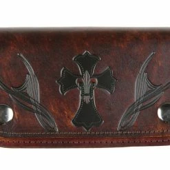 Bewild Wallets & Chains Cross With Fleur De Lis 6" Genuine Antique Brown Leather Chain Wallet