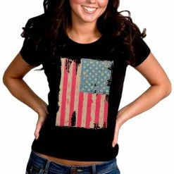 Bewild Faded And Distressed American Flag With Hot Pink Stripes Girl's T-Shirt Cool Funny & Offensive