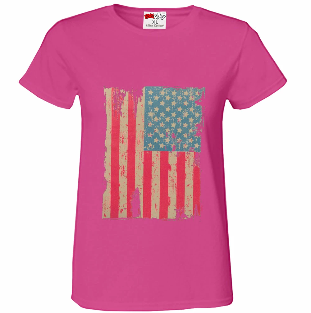 Bewild Faded And Distressed American Flag With Hot Pink Stripes Girl's T-Shirt Cool Funny & Offensive 6 Bewild Faded And Distressed American Flag With Hot Pink Stripes Girl's T-Shirt Cool Funny & Offensive