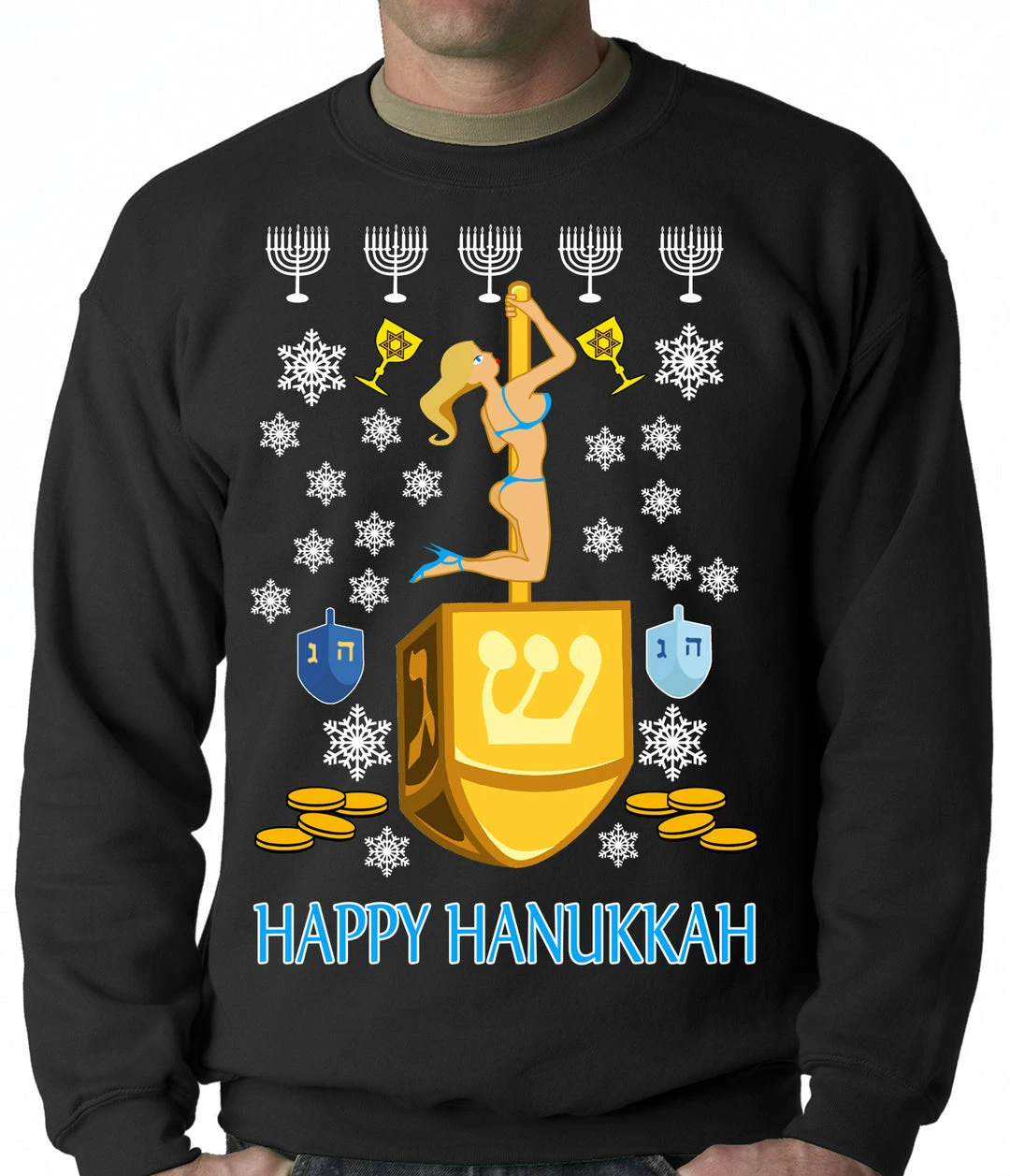 Bewild Holiday Prints Happy Hanukkah Sexy Stripper On A Dreidel Ugly Crewneck Sweatshirt 7 Bewild Holiday Prints Happy Hanukkah Sexy Stripper On A Dreidel Ugly Crewneck Sweatshirt