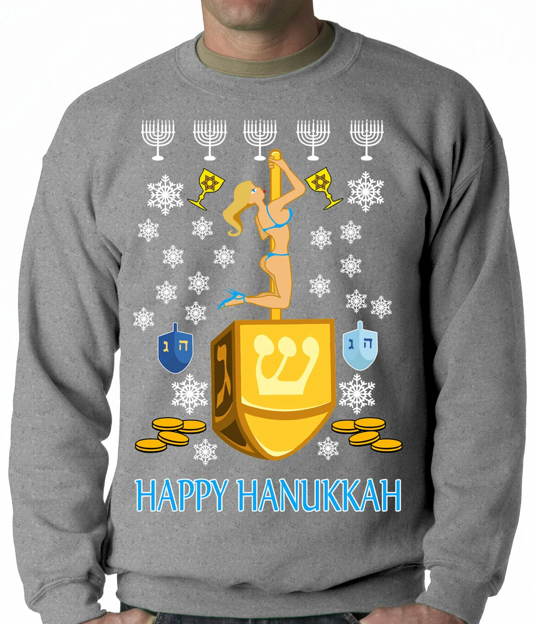 Bewild Holiday Prints Happy Hanukkah Sexy Stripper On A Dreidel Ugly Crewneck Sweatshirt 8 Bewild Holiday Prints Happy Hanukkah Sexy Stripper On A Dreidel Ugly Crewneck Sweatshirt