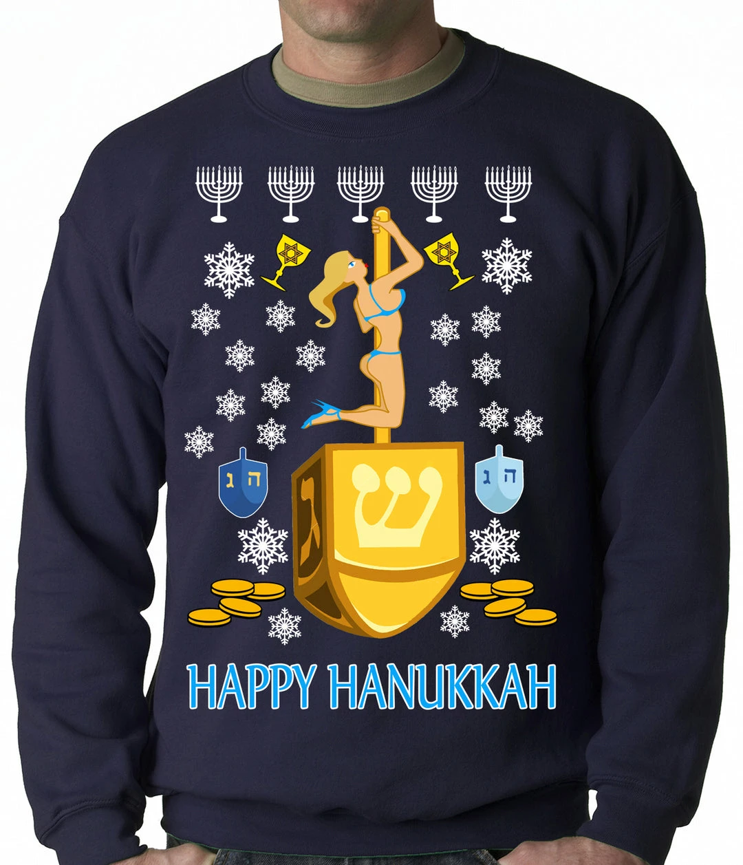 Bewild Holiday Prints Happy Hanukkah Sexy Stripper On A Dreidel Ugly Crewneck Sweatshirt 9 Bewild Holiday Prints Happy Hanukkah Sexy Stripper On A Dreidel Ugly Crewneck Sweatshirt