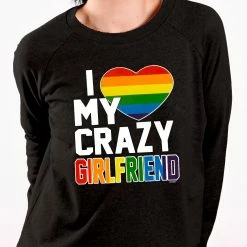 Bewild Women's T-Shirts I Heart My Crazy Girlfriend Rainbow Pride Crew Neck Sweatshirt