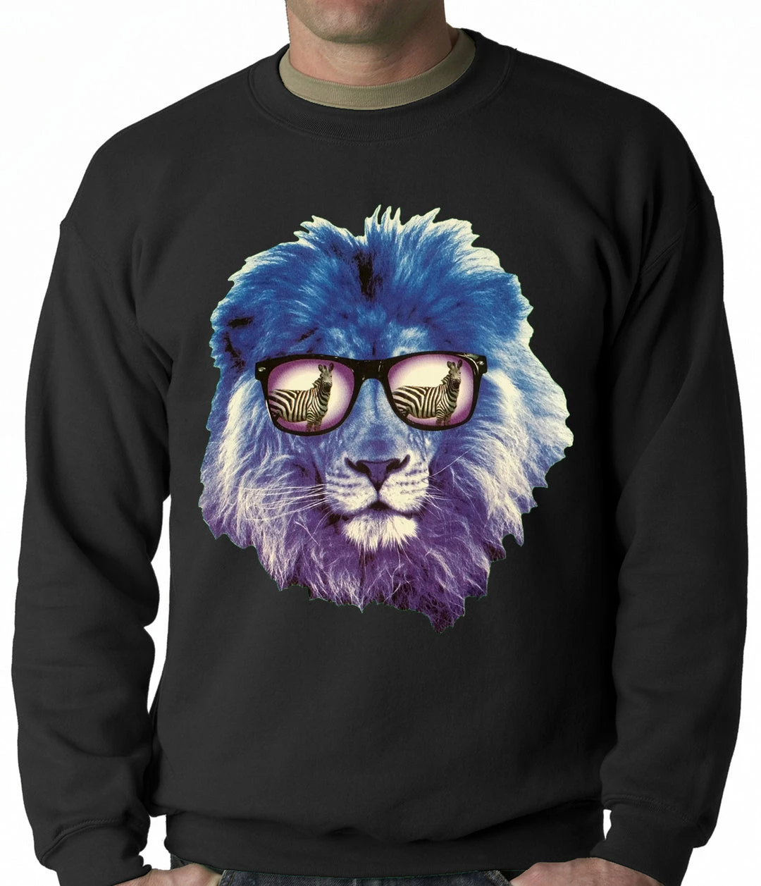 Bewild Lion Wearing Sunglasses Looking At A Zebra Adult Crewneck Cool Funny & Offensive 3 Bewild Lion Wearing Sunglasses Looking At A Zebra Adult Crewneck Cool Funny & Offensive
