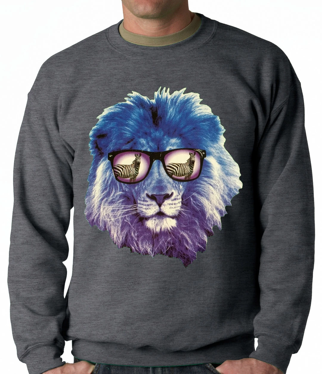 Bewild Lion Wearing Sunglasses Looking At A Zebra Adult Crewneck Cool Funny & Offensive 4 Bewild Lion Wearing Sunglasses Looking At A Zebra Adult Crewneck Cool Funny & Offensive