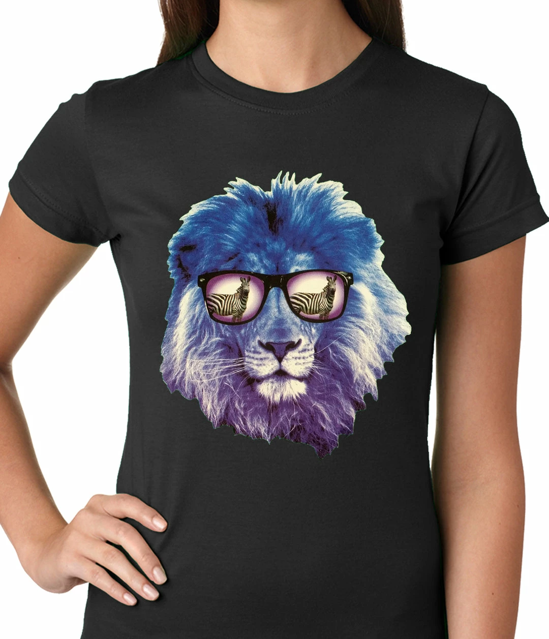 Bewild Lion Wearing Sunglasses Looking At A Zebra Ladies T-shirt 3 Bewild Lion Wearing Sunglasses Looking At A Zebra Ladies T-shirt