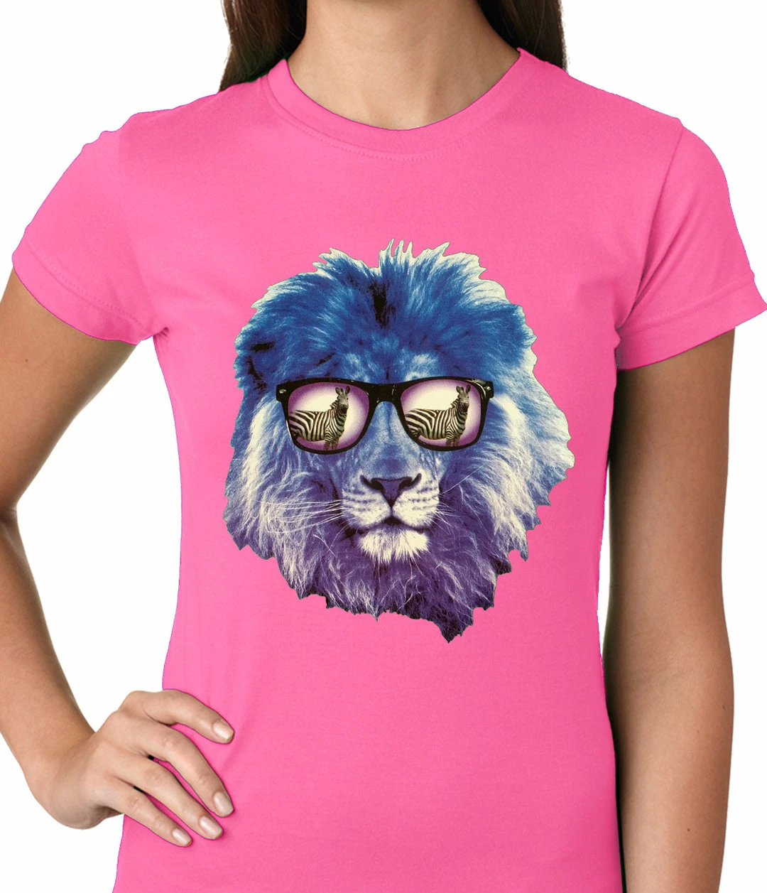 Bewild Lion Wearing Sunglasses Looking At A Zebra Ladies T-shirt 7 Bewild Lion Wearing Sunglasses Looking At A Zebra Ladies T-shirt