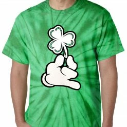 Bewild St.Patricks Day Mens Tie Dye Shirt With Cartoon Hand Holding Shamrock