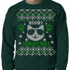 Bewild Meowy Christmas - ���Cool Cat With Glasses��� Ugly Christmas Adult Crewneck