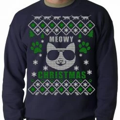 Bewild Meowy Christmas - ���Cool Cat With Glasses��� Ugly Christmas Adult Crewneck