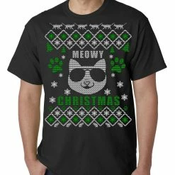 Bewild Meowy Christmas - “Cool Cat With Glasses” Ugly Christmas Mens T-shirt Holiday Prints