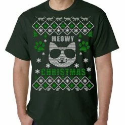 Bewild Meowy Christmas - “Cool Cat With Glasses” Ugly Christmas Mens T-shirt Holiday Prints