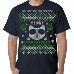 Bewild Meowy Christmas - “Cool Cat With Glasses” Ugly Christmas Mens T-shirt Holiday Prints