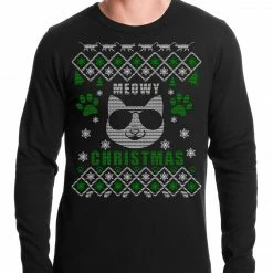Bewild Holiday Prints Meowy Christmas - “Cool Cat With Glasses” Ugly Christmas Thermal Shirt 7 Bewild Holiday Prints Meowy Christmas - “Cool Cat With Glasses” Ugly Christmas Thermal Shirt