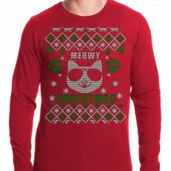 Bewild Holiday Prints Meowy Christmas - “Cool Cat With Glasses” Ugly Christmas Thermal Shirt
