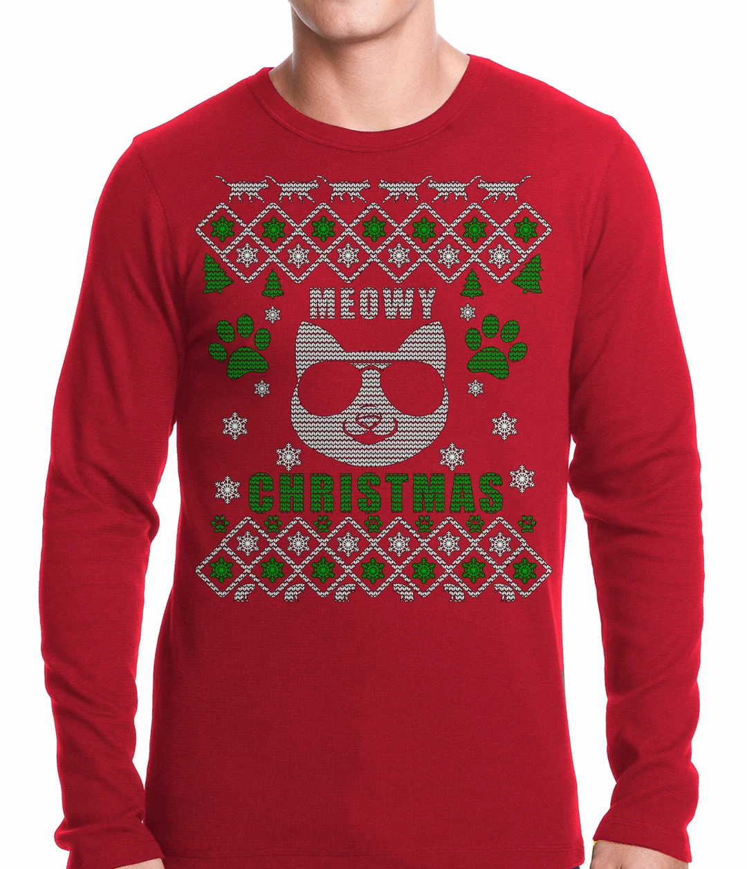 Bewild Holiday Prints Meowy Christmas - “Cool Cat With Glasses” Ugly Christmas Thermal Shirt 4 Bewild Holiday Prints Meowy Christmas - “Cool Cat With Glasses” Ugly Christmas Thermal Shirt