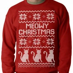 Bewild Holiday Prints Ugly Christmas Sweater - Meowy Christmas (White Print) 3 Cats Ugly Christmas Adult Crewneck