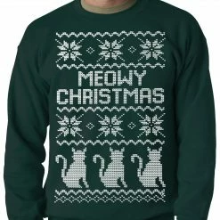 Bewild Holiday Prints Ugly Christmas Sweater - Meowy Christmas (White Print) 3 Cats Ugly Christmas Adult Crewneck