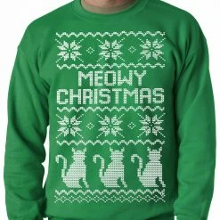 Bewild Holiday Prints Ugly Christmas Sweater - Meowy Christmas (White Print) 3 Cats Ugly Christmas Adult Crewneck