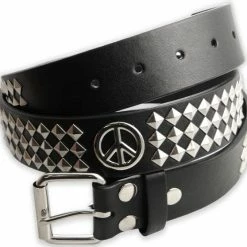 Bewild Peace Sign Pyramid Studded Leather Belt Belts