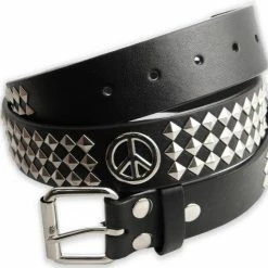 Bewild Peace Sign Pyramid Studded Leather Belt Belts