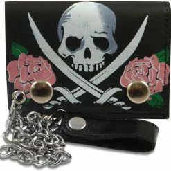 Bewild Pink Rose Jolly Roger Genuine Leather Chain Wallet