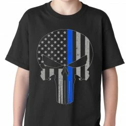 Bewild Police Thin Blue Line Skull American Flag - Support Police Department Kids T-shirt Say It Loud