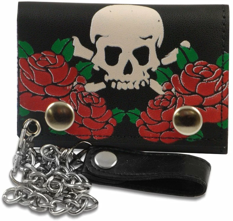 Bewild Red Rose Skull & Cross Bones Genuine Leather Chain Wallet 3 Bewild Red Rose Skull & Cross Bones Genuine Leather Chain Wallet