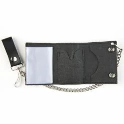 Bewild Wallets & Chains Skull And Sword Black Leather Tri-Fold Wallet With 12 Inch Chain