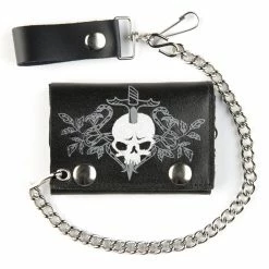 Bewild Wallets & Chains Skull And Sword Black Leather Tri-Fold Wallet With 12 Inch Chain