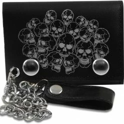 Bewild Wallets & Chains Genuine Leather Chain Wallet With Silver Skull Heads