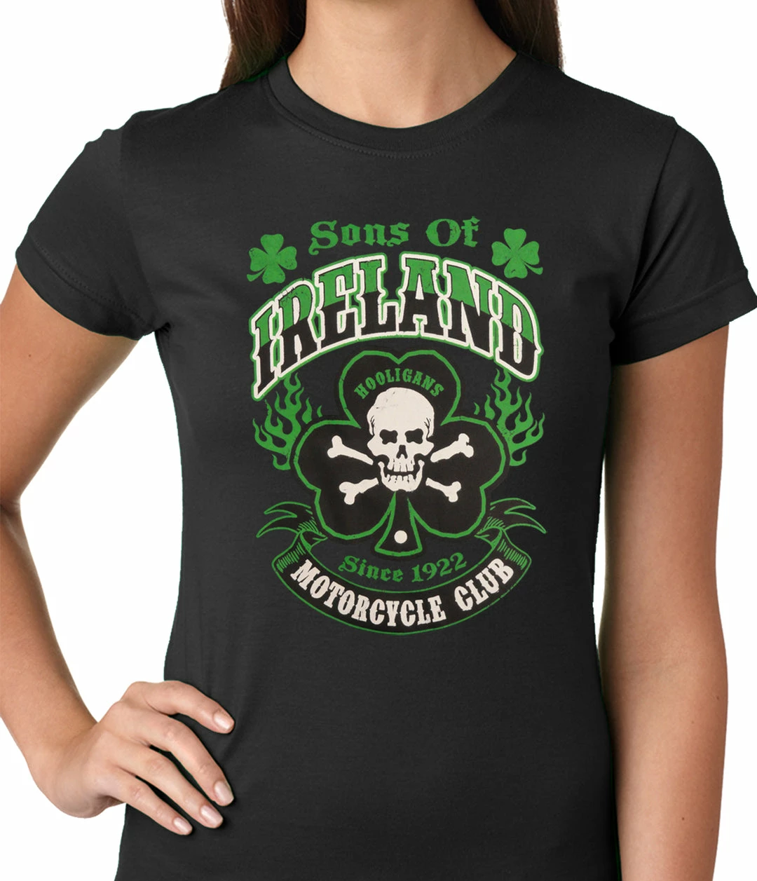 Bewild Sons Of Ireland Shamrock Skull Biker Girls T-shirt 5 Bewild Sons Of Ireland Shamrock Skull Biker Girls T-shirt