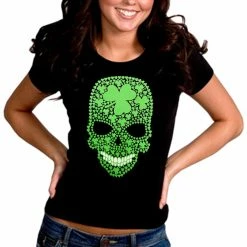 Bewild Women's T-Shirts St. Patrick's Day Shamrock Sugar Skull Girl's T-Shirt