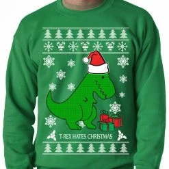 Bewild T-Rex Hates Christmas - Ugly Christmas Sweater Adult Crewneck Sweatshirt Holiday Prints