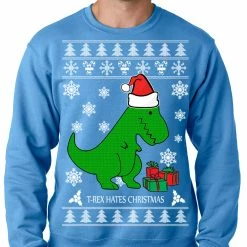 Bewild T-Rex Hates Christmas - Ugly Christmas Sweater Adult Crewneck Sweatshirt Holiday Prints