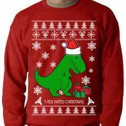 Bewild T-Rex Hates Christmas - Ugly Christmas Sweater Adult Crewneck Sweatshirt Holiday Prints
