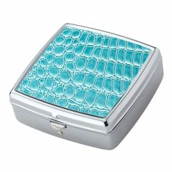 Bewild Pill Cases Teal Croc Pattern Iron Chrome Plated Square Shaped 2 Compartment Pill Box